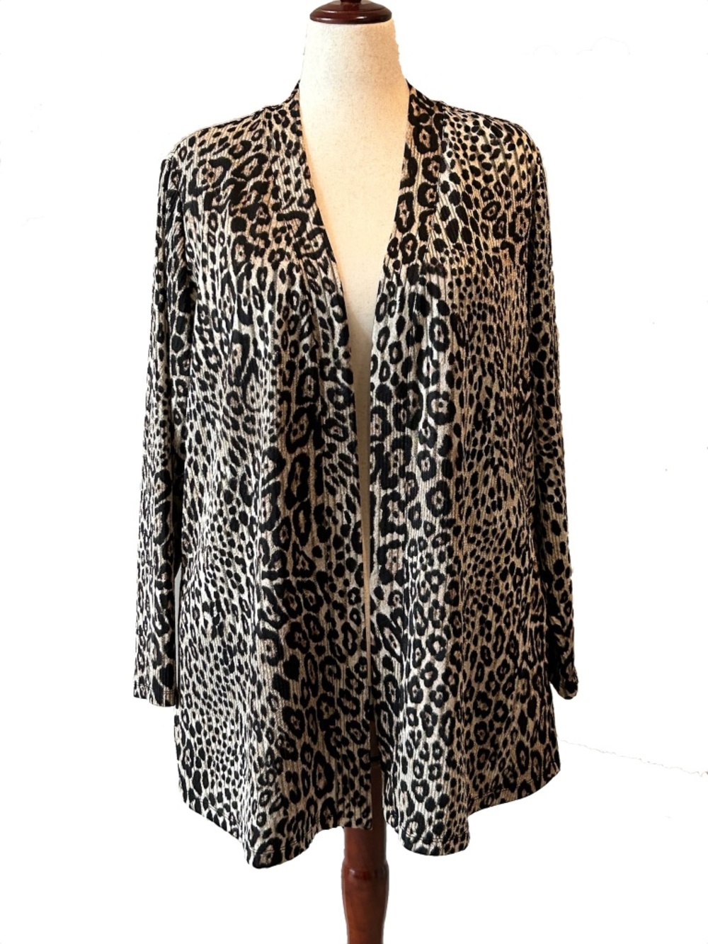 Susan Graver Animal Print Knit Cardigan - Black Tan Leopard - Like New - 1X
